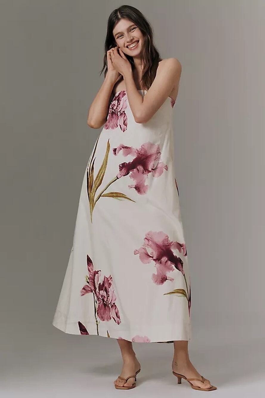 Anthropologie Cotton Strapless Orchard Print Trapeze Midi Dress Size Medium